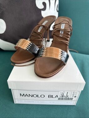 Manolo Blahnik Two-Tone Brown & Tan Croc-Accent Strappy Heels